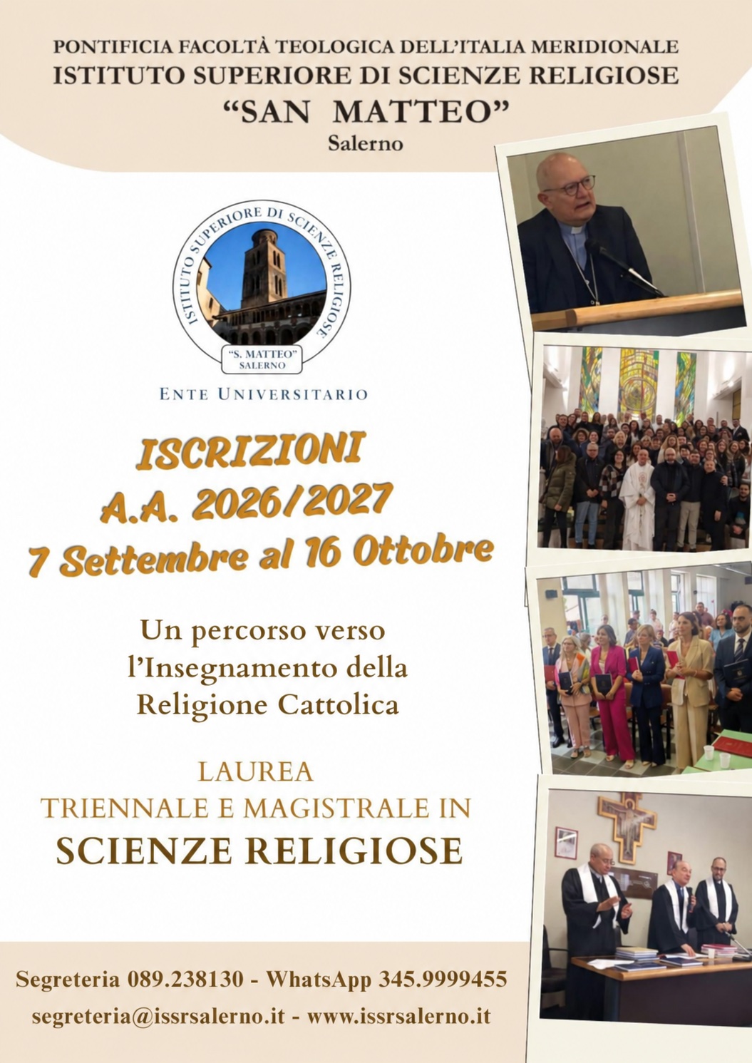 Locandina iscrizioni anno accademico 2026/2027 all'Istituto Superiore di Scienze Religiose San Matteo di Salerno