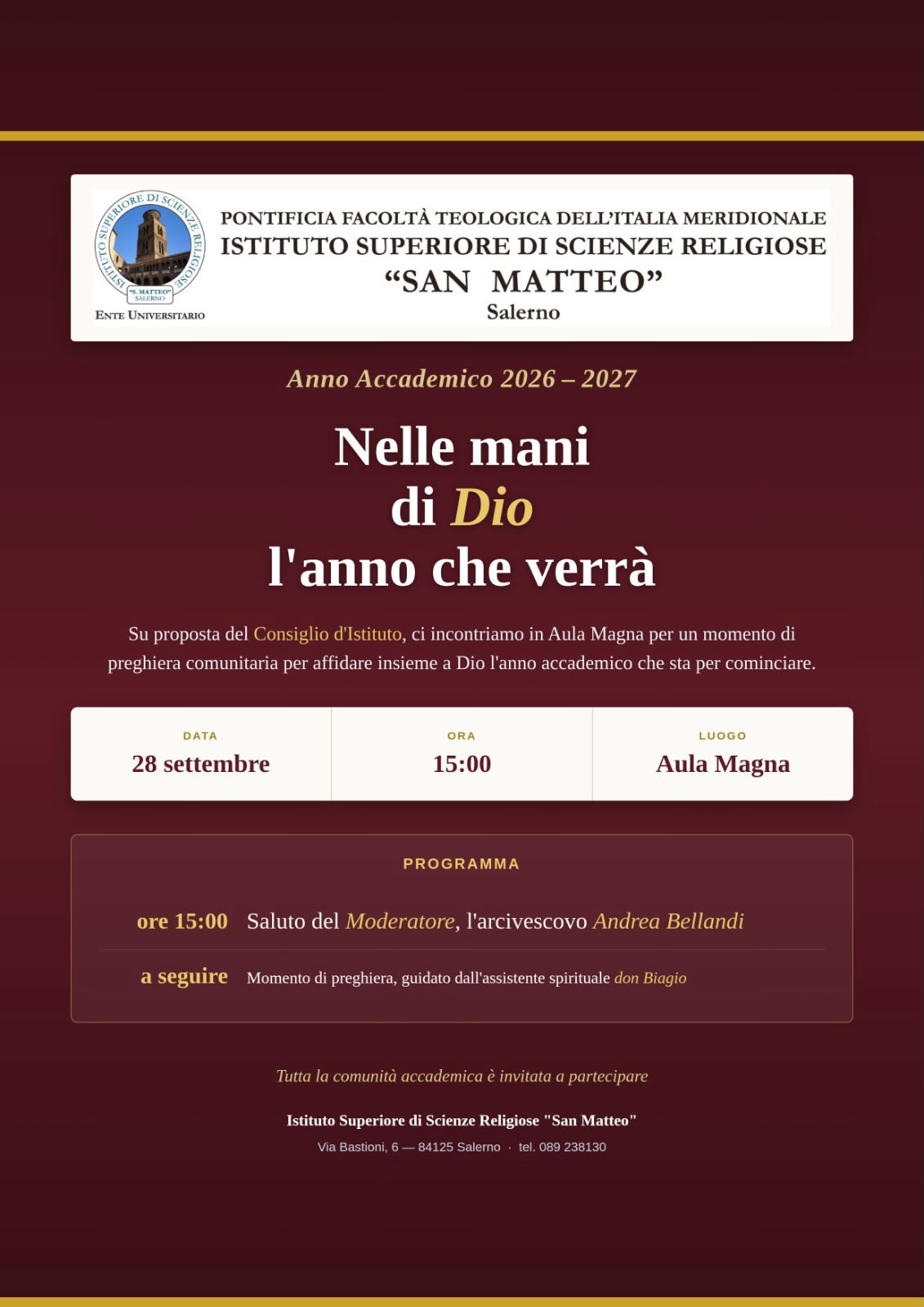 Locandina Nelle mani di Dio l'anno che verrà, preghiera di inizio anno accademico il 28 settembre in Aula Magna