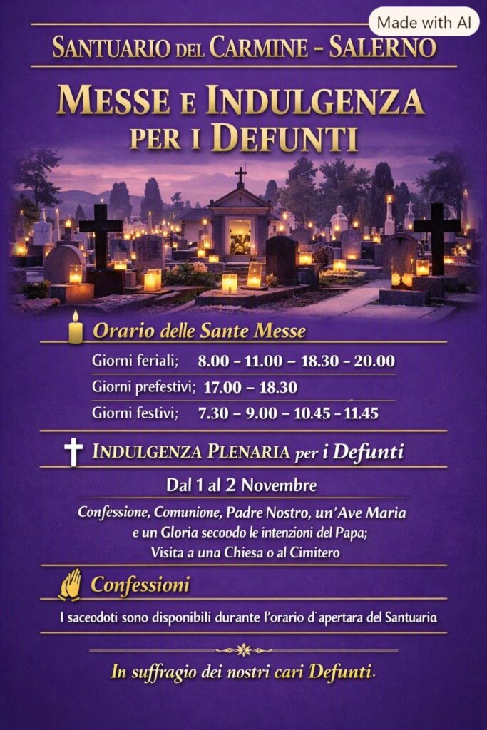 Locandina Messe e Indulgenza per i defunti al Santuario del Carmine di Salerno: cimitero illuminato dai lumini, orario delle Sante Messe e Indulgenza plenaria dal 1 al 2 novembre 2026