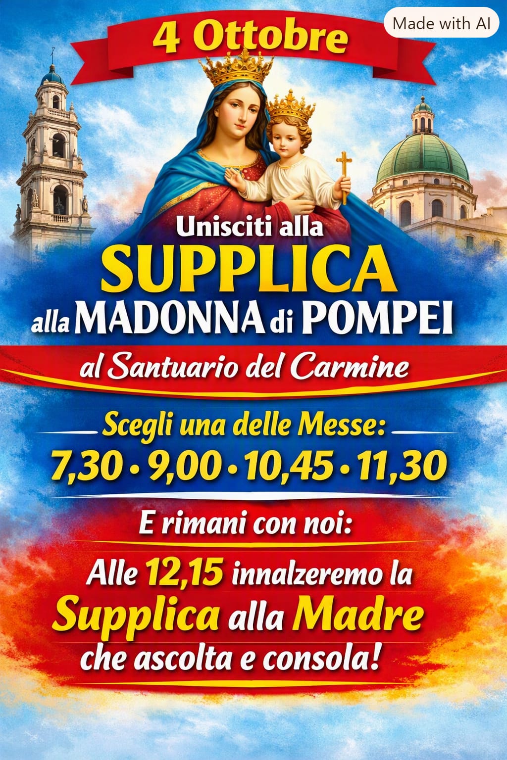 Locandina della Supplica alla Madonna di Pompei del 4 ottobre al Santuario del Carmine di Salerno